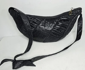 Vintage Judith Leiber Black Ostrich Leather Shoulder Bag Handbag Crescent Shape - Picture 1 of 19