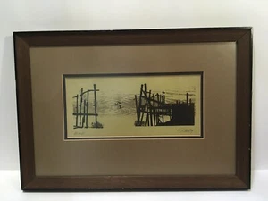 Firmato Jay Seeley Woodcut Proof Birds at Dock incorniciato Lakeside Studios - Foto 1 di 6