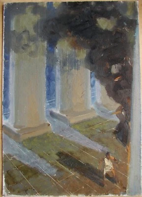 Ukrainian Soviet USSR Oil Painting figure collonade Roman Empire fire - image 1 of 3