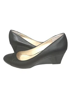 Adrienne Vittadini Manassas Black Leather Wedge Heels Womens Shoes Size 9 - Picture 1 of 12