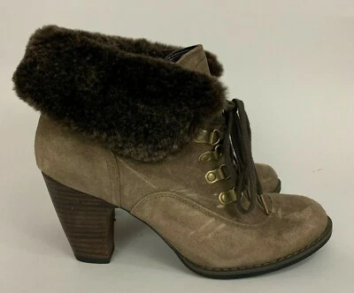 Indigo by Clarks Taupe Lace-Up Suede Ankle Booties Faux Fur Trim Size 8M - Image 1 of 4