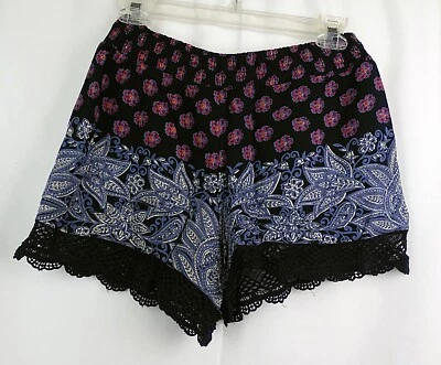 Pantalones Cortos Angie Azul Marino Floral Cachemira Cintura Calada Rayón con Dobladillos de Encaje de Entrepierna S Foto 1 de 2