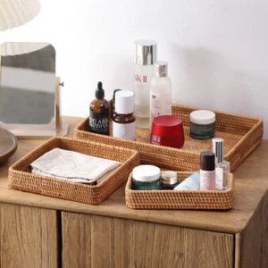 Vintage Rattan Serving Tray Hand Woven Wicker Cosmetic Storage Organizer Basket - Picture 1 of 10