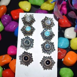 Moonstone, Labradorite, Larimar Gemstone Flower Stud Earrings For Woman & Girls