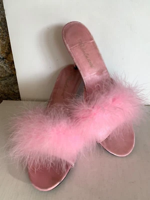 VTG Sexy Pink Satin & Pink Feather Slippers Size 10 Retro Pin Up Shoe 3.5” Heels - Image 1 of 4