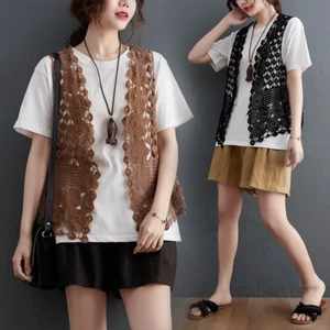 Ladies Hollowed Lace Crochet Open Front Cardigan Knit Vest Gilet Tank Top Sexy - Picture 1 of 17