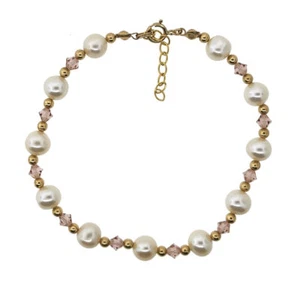 Pulsera de perlas de agua dulce cultivada con cristales de rosas relleno de oro 14k - Imagen 1 de 2