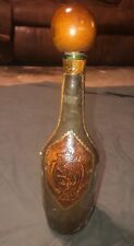 Green Brown Leather Wrapped Decanter Bottle Lion made in Italy 13.5” Man Cave