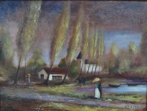 Beau Tableau ancien Paysage animé cavaliers couple ombrelle R.J Bizet N°1 - Photo 1/12