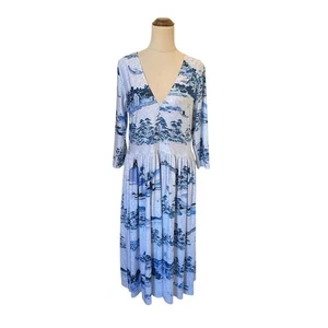 Black Milk Blackmilk Sz XL Hokusai Ukiyo-e White Blue V Neck Fit Flare Dress - Picture 1 of 7