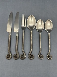 POTTERY BARN Stainless FIDDLEHEAD Flatware BLACK OXIDIZED Thailand 6 PIECE SET - Picture 1 of 17