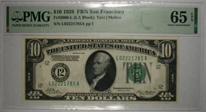 1928 $10 Federal Reserve Note FR-2000L PMG Gem Unc 65 EPQ - Picture 1 of 2