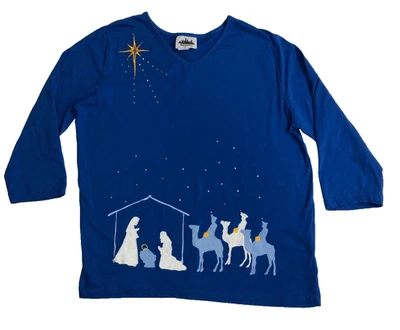 Camisa Metropolitan feminina grande azul presépio mangas 3/4 gola V férias - Imagem 1 de 4