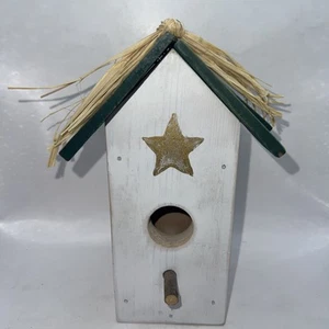 Wooden Bird House for Garden Patio Decorative White w/ Green Roof &Star - Picture 1 of 10