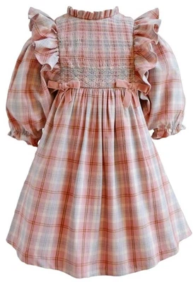 全新 Bonnie Jean 女宝宝 尺寸 3-6M "BLUSH PLAID SMOCKED" Pinafore 荷叶边连衣裙 — 第 1/4 张图片