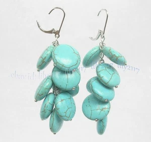 10mm Natural Blue Turquoise Coin Gemstone Beads Cluster Dangle Leverback Earring - Picture 1 of 6