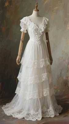 Vintage Victorian Wedding Dresses Ruffle Layered Princess Medieval Gothic - Image 1 of 4