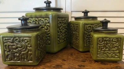 Vintage MCM Royal HAEGER USA Green Pottery Canister Cookie Jar SET OF 4 - Image 1 of 4