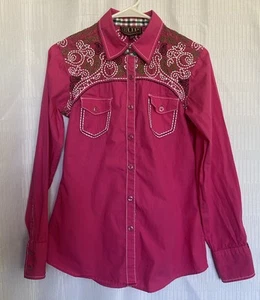 Cowgirl Up besticktes verziertes Perlen Druckknopf rosa Western Shirt Damen Größe S - Bild 1 von 11