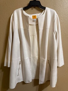 RUBY RD FAUX SUEDE LEATHER OPEN FRONT JACKET SZ 20W OFF WHITE 3/4 SLVS STRETCH - Picture 1 of 4