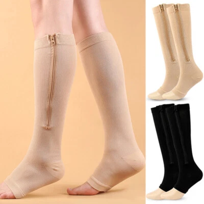 1pair Zip Up Compression Socks High Leg Support Knee Slimming Stocking Open Toe. - Image 1 of 4