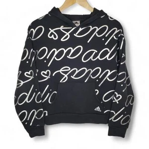 Adidas Hoodie Youth Pullover Kangaroo Pocket Silver Metallic Allover Script Logo - Picture 1 of 4