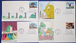 Set of 4 different 25¢ Dinosaur FDCs Hudeck Cachet Hand Painted Scott #2422-2425 - Picture 1 of 9