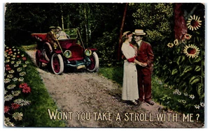 Postcard Romance Couple Won't You Take A Stroll With Me? Antique Automobile Car - Picture 1 of 3