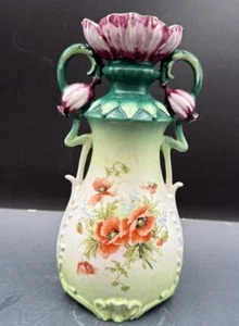 Art Nouveau Tulip & Poppy Adorned 2 Handle Porcelain Vase Unique BB - Picture 1 of 9