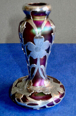 ALVIN Antique American Art Nouveau Ruby Red Glass 999 Pure Silver Overlay Vase • 525$