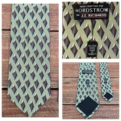 Corbata de seda verde geométrica hecha a mano Nordstrom JZ Richards vintage años 90 hecha en EE. UU. Foto 1 de 4