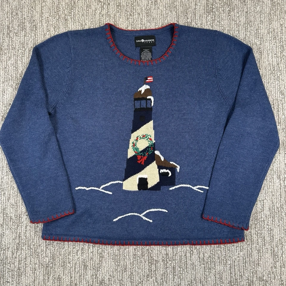 Suéter Deportivo Sag Harbor Mujer L Azul Tejido Faro Náutico Costero Preppy Foto 1 de 4