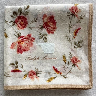 Pañuelo De Colección Tela Beige Tejido Floreciente Floral y Rojo Rosa Patrón Pañuelo 18" Foto 1 de 4