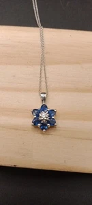 14k White Gold Prong Set Sapphire Flower Pendant Necklace 16" 2.6g (GJ981) - Picture 1 of 6
