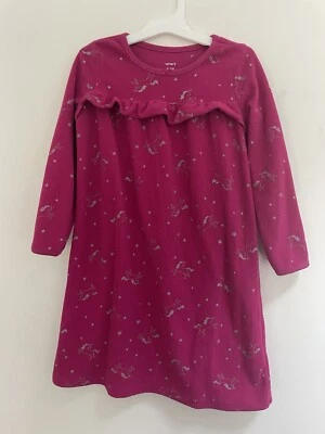 Carter's Kid Girl Silver Unicorn Ruffle Fleece Long Sleeve Nightgown Dark Pink 4 - Image 1 of 4