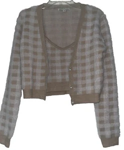 Haute Monde Pink Tan Nylon Silk Sweater Cardigan and Tank Pearl Buttons Medium - Picture 1 of 11