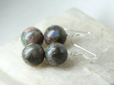 Pendientes de ópalo marrón bola de 12 mm piedras preciosas naturales plata de ley .925 1 1/2" Foto 1 de 4