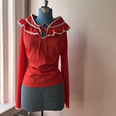 Blusa De Colección Años 70 Cuadrada Baile Pradera Roja Lunares Encaje Volantes Cuello Grande Foto 1 de 4
