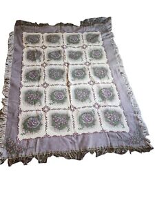 Woven Lavender Throw Blanket Tapestry 63 x 53 Roses & Violets with Fringe