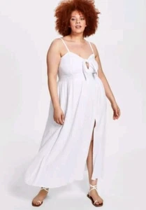 New Bar 3 III Women Plus Size 1X White Maxi Dress Long Front Slit Smocking Bow - Picture 1 of 14