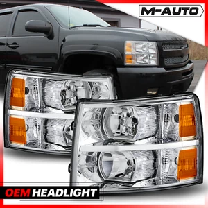 For 2007-2014 Chevy Silverado 1500 2500HD 3500 Headlight Lamps Pair Chrome Amber - Picture 1 of 8