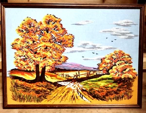 Vintage Framed Crewel Embroidery Art Country Landscape Fall Autumn Tree Leaves - Picture 1 of 11