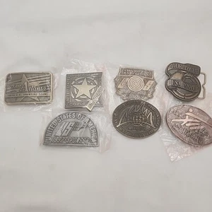 7 Vtg BELT BUCKLE LOT BRONZE METAL PEWTER ATLANTA NRA NWF OLYMPICS MORE VG READ - Picture 1 of 5