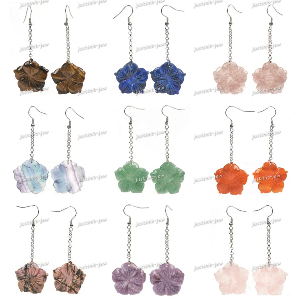 28mm Hand Carved gemstone Hawaii Flower Fashion Dangle Earrings 1 pair - Image 1 of 1