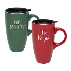Be Merry Be Bright Tall Mugs Belle Maison Red Green 20 oz. With Lids - Picture 1 of 10