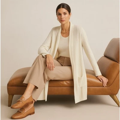 Cardigã suéter ALLUDE 100% cashmere com nervuras frente aberta marfim tamanho XL $469 {I24} - Imagem 1 de 4
