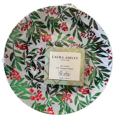 Laura Ashley Holiday Holly Berry Disposable Dessert Plates 7.5" 24 Count New  - Image 1 of 4