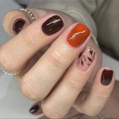 Brown Press on Nails Curto Quadrado Laranja Falso 1 Fl Oz (Pacote com 24) Estilo-34 - Imagem 1 de 4