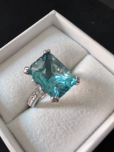 Sterling 925 Size 7.5 10CT Blue Topaz Custom Setting Jewel Quality Emerald Cut - Picture 1 of 8