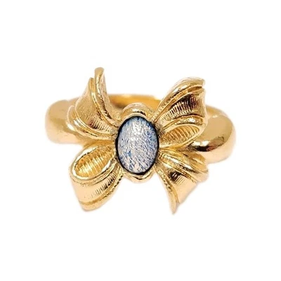 Vintage Gold Avon Faux Opal Solitaire Bow Cocktail Ring Band Christmas Size 7.75 - Image 1 of 4